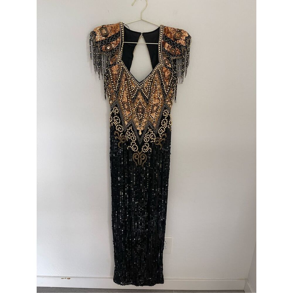 ALYCE DESIGNS 80s Silk Beaded Vintage Dress Size 4 - Picture 2 of 12